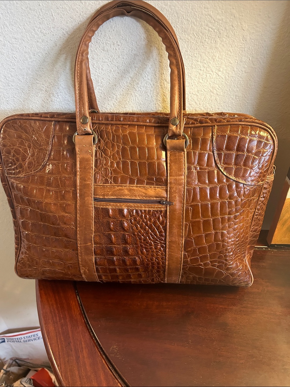 Croc-Embossed Tan Leather Briefcase for Men